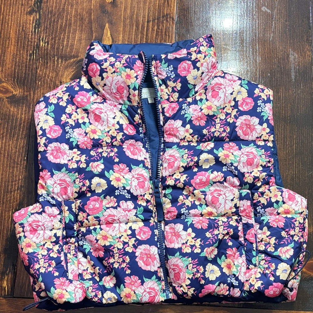 Simply Southern Floral Puffer Vest - Navy and Pink